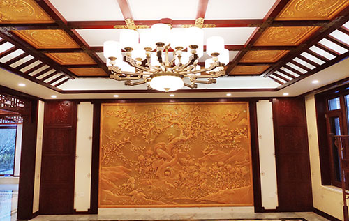 盐城中式别墅客厅中式木作横梁吊顶装饰展示